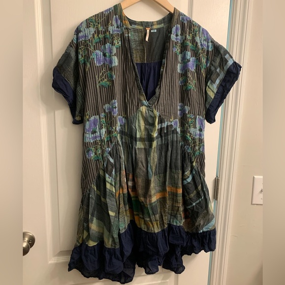 Free People Floral Plaid Printed Agnes V-Neck Swing Mini Dress Navy Blue Green - Picture 5 of 10
